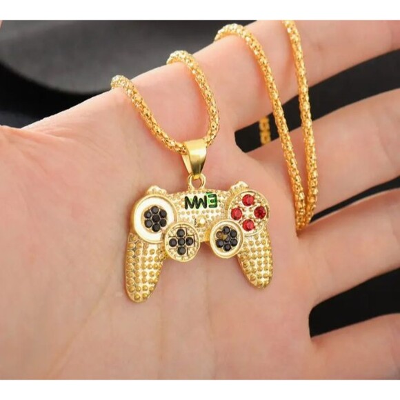 Men Retro Gold Crystal Necklace Video Game Controller FREE SHIP -2 Items - Picture 2 of 4